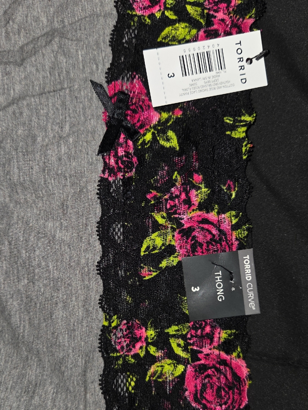torrid Black Thong with Hot Pink Roses & Green Leaves